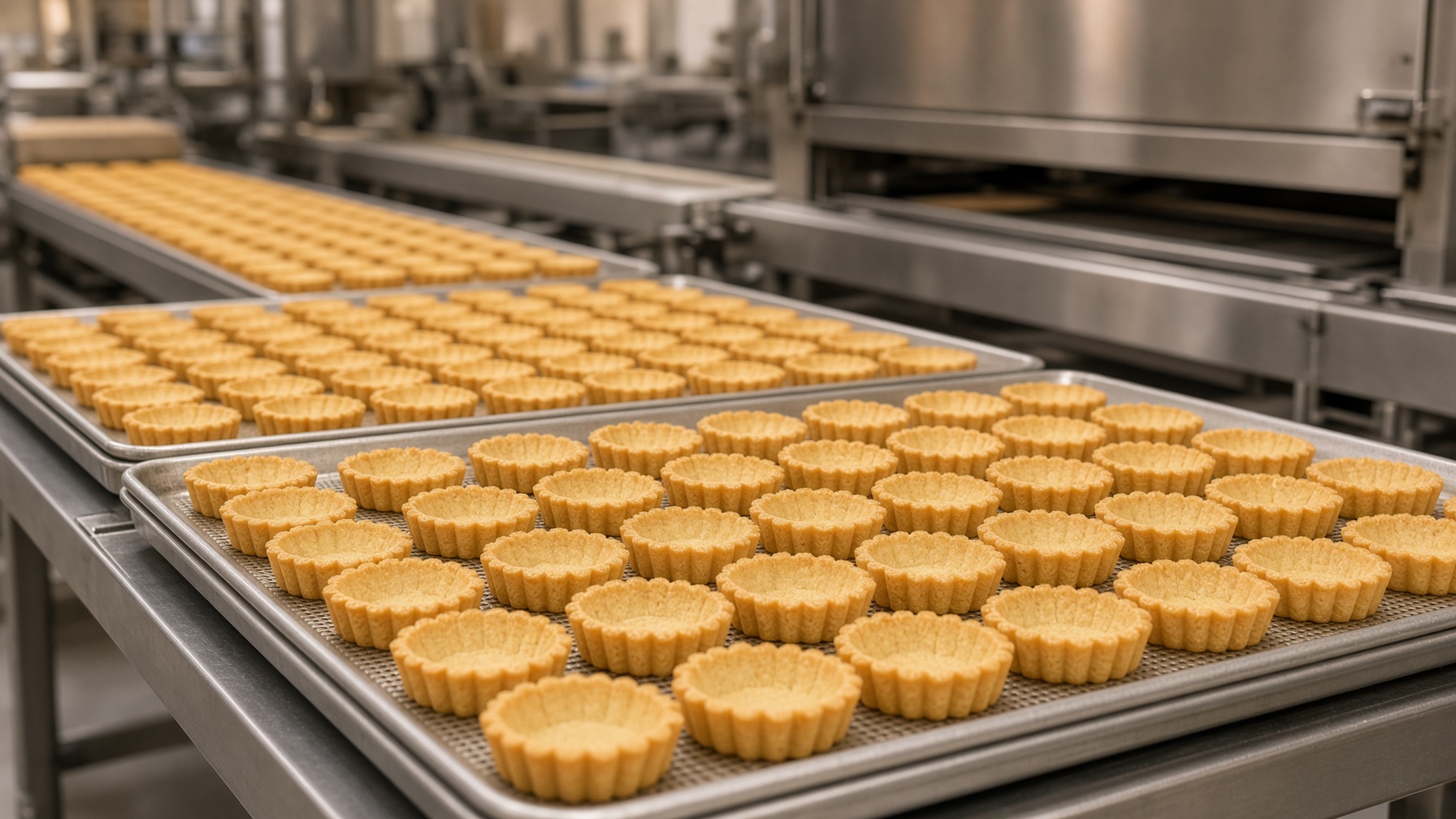Rows of tart shells on a production line